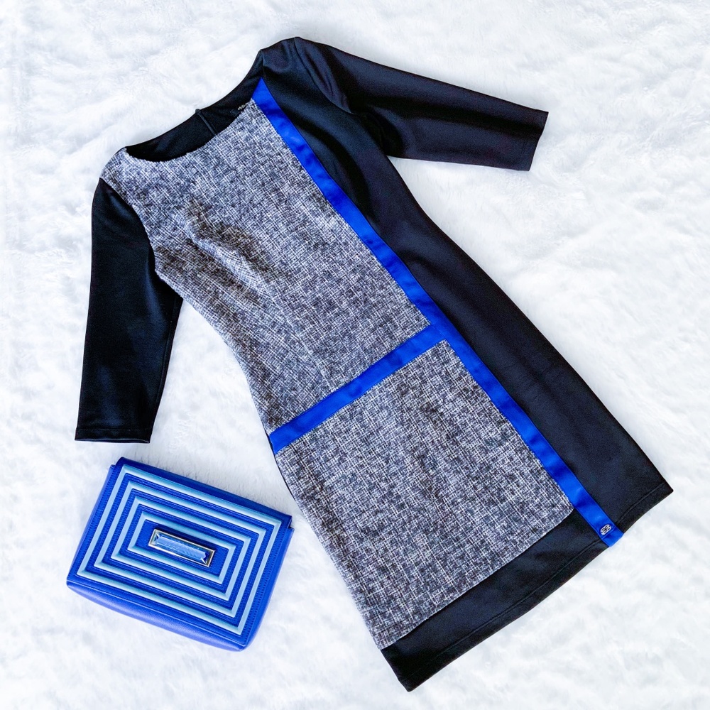 Stretch Mini Dress Modern Little Black Short Dress Grey Blue Accents 3/4 sleeve